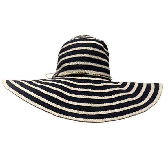 Women's Panama Jack Black & Beige Striped Wide Brim Sun Hat Coconut Shell - Picture 1 of 8